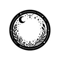 Celestial botanical circle moon, stars, and foliage within a decorative black and white round frame vector