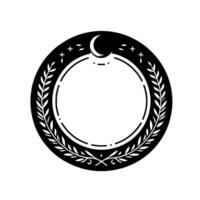 Intricate, circular black and white design, featuring a crescent moon, stars, laurel wreath, and decorative frame, suggesting mystical or celestial themes. vector