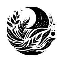 Black and white minimalist circular featuring a crescent moon, flowing leaves, foliage, and dotted accents creating a harmonious, natural composition. vector