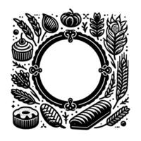 Black and white square frame bakery harvest elements surrounding circular empty space, minimalist design. vector