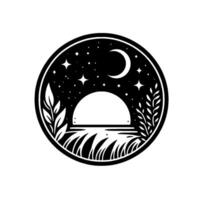 Minimalist nightscape moon, stars, and silhouette landscape within a circular decorative design. vector
