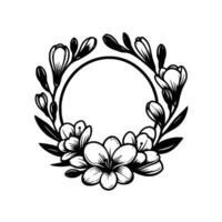 Elegant monochrome floral wreath with freesia circular arrangement, minimalist design, botanical illustration, blank circle. vector