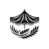 Elegant monochrome illustration an ornate, stylized umbrella canopy emblem with delicate fringe, paired with a stylized wheat and leaf in black ink on white. vector