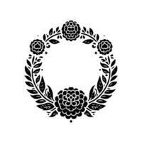 A symmetrical black and white floral wreath design, featuring stylized flowers and leafy branches arranged in a circular pattern, set against a white background, with a minimalistic and elegant aesthe vector