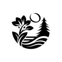 Black and white circular nature scene flower, pine tree, moon, and water elements in a minimalist and symbolic design. vector