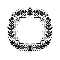 Intricate black leafy wreath with square inner frame, dotted accent on white background for invitations. vector