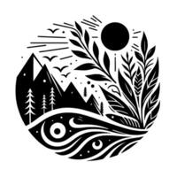 A minimalist black and white circular illustration mountains, trees, birds, sun, and nature elements in harmony. vector