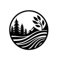 Monochromatic circular nature emblem pine trees, mountains, wheat, and layered water elements within a stylized black and white illustration. vector