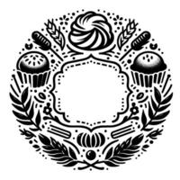 Circular black and white bakery emblem with cupcakes, wheat, and floral elements framing a decorative blank space. vector
