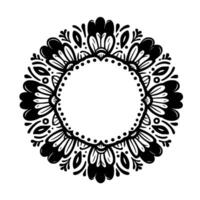 Intricate black and white circular floral mandala with ornamental foliage and a dotted center frame, isolated on white. vector