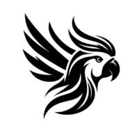 Stylized, monochrome illustration of a cockatoo head in profile, wings spread, detailed in bold lines, modern and minimalist. vector