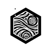 Abstract black and white hexagon with flowing lines and concentric circle patterns, minimalism. vector