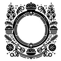 Monochrome circular frame with bakery emblems cupcakes, donut, berries, and wheat surrounding a central space. vector