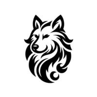 Intricate black and white wolf head logo stylized tribal with flowing lines and curving forms, on a blank background. vector