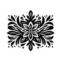 Intricate symmetrical black and white floral with stylized leaves, dots, and geometric accents, forming a mandalalike pattern. vector
