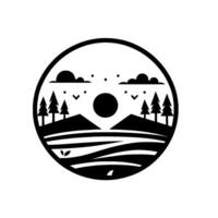 Serene monochrome landscape within a circle, featuring mountains, pine trees, sun, birds, clouds and serene water. vector