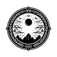 A circular emblem featuring a mountain range silhouetted against a night sky with a large moon, stars, clouds, and decorative laurel wreath. vector