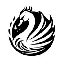 Elegant black and white swan in circular composition, symbolic of grace, purity, and strength, with feather and water droplet details. vector