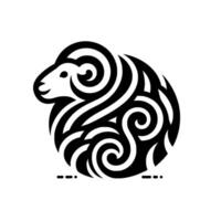 Abstract black and white tribal style ram icon, with intricate swirls and a smiling face, on white background. vector