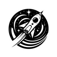 A retrostyle illustration of a rocket ship launching into space within a circular frame, stars and stylized trails. vector
