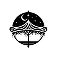 Intricate black and white circular ornamental design, featuring a crescent moon, stars, and detailed decorative elements within a stylized celestial frame. vector