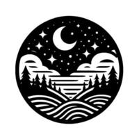 Circular silhouette of a night landscape featuring a crescent moon, starry sky, clouds, pine trees, and undulating terrain. vector