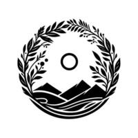 A circular monochrome emblem featuring mountains, water, a central circle, and a leafy botanical frame. vector
