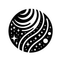 A cosmic black circle with flowing lines, stars, and dots, creating a whimsical, celestial on white. vector