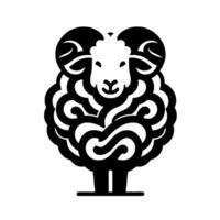 Stylized black white ram with curly wool and large horns on a solid white background, symmetric and minimalist. vector