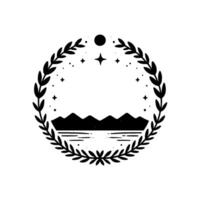 Minimalist black and white illustration a mountain range reflected in calm water, under a night sky within a laurel wreath. vector