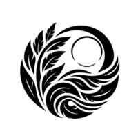 Circular black and white comprising floral and swirling leaf elements with inner ring and detailed outlines, representing harmony. vector