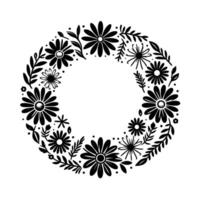 A monochrome floral wreath composed of daisies, leaves, and delicate sprigs, creating a circular botanical on a white background. vector