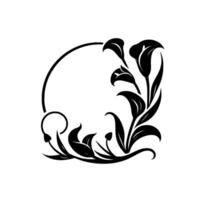 Elegant black and white floral design circular frame with calla lilies, leaves, and curvilinear elements on a clean white background. vector