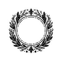 Elegant circular botanical frame with leaves and berries in black and white, perfect for invitations and logos. vector