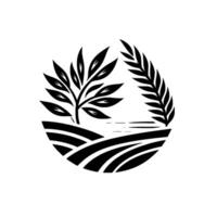 Minimalist black and white depicting wheat and a tree, fields, and a calm horizon in circular frame vector