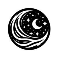 Circular monochrome celestial illustration crescent moon amidst stars and flowing artistic wave pattern vector