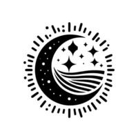 Black and white minimalist illustration of crescent moon filled with stars and wavy lines, enclosed in a stylized radiant border. vector