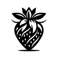 Art illustration of a stylized strawberry with intricate leaf and seed details in a monochromatic black and white design. vector