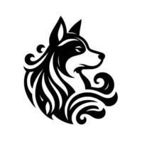 Stylized monochrome husky logo a sideprofile depiction of a regal dog with intricate swirling ornaments and dynamic lines. vector