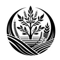 Emblem of agriculture central tree embraced by wheat fields within a circular black white composition. vector