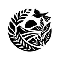 A stylized, blackandwhite illustration inside a circle, depicting a sunrise over mountain fields, encompassed by lush leaves and a soaring bird. vector