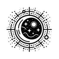 Celestial emblem crescent moon, stars, and planet within a geometric, dotted border, black and white minimalist design. vector