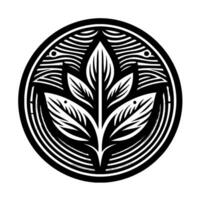 A symmetrical, black and white illustration of a stylized botanical emblem featuring a central leafy sprig within a circular frame of concentric lines, dots, and curved designs. vector