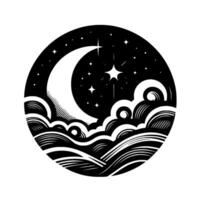 Crescent moon, stars, and stylized waves within a circular black and white design, evoking serenity. vector