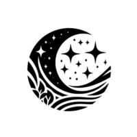 negro y blanco estilizado creciente Luna y estrellas ilustración con botánico y ondulado elementos en blanco antecedentes. vector