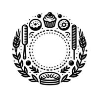 Monochromatic bakery wreath a circular illustration featuring donuts, a cupcake, a pie, wheat, culinary tools, and decorative leaves. vector