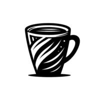 Stylized black and white coffee mug with swirling pattern and handle, minimalist on white background. vector