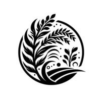 Abstract black and white circular nature illustration branches, leaves, fields, and dots creating an intricate, elegant, and balanced emblem design. vector