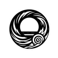 Abstract black and white circular featuring swirls, blades, and a simplified horizon within a bold, composition. vector