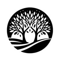 Black and white circular illustration depicting stylized interconnected trees with foliage, set against a white background, resembling a natureinspired emblem. vector